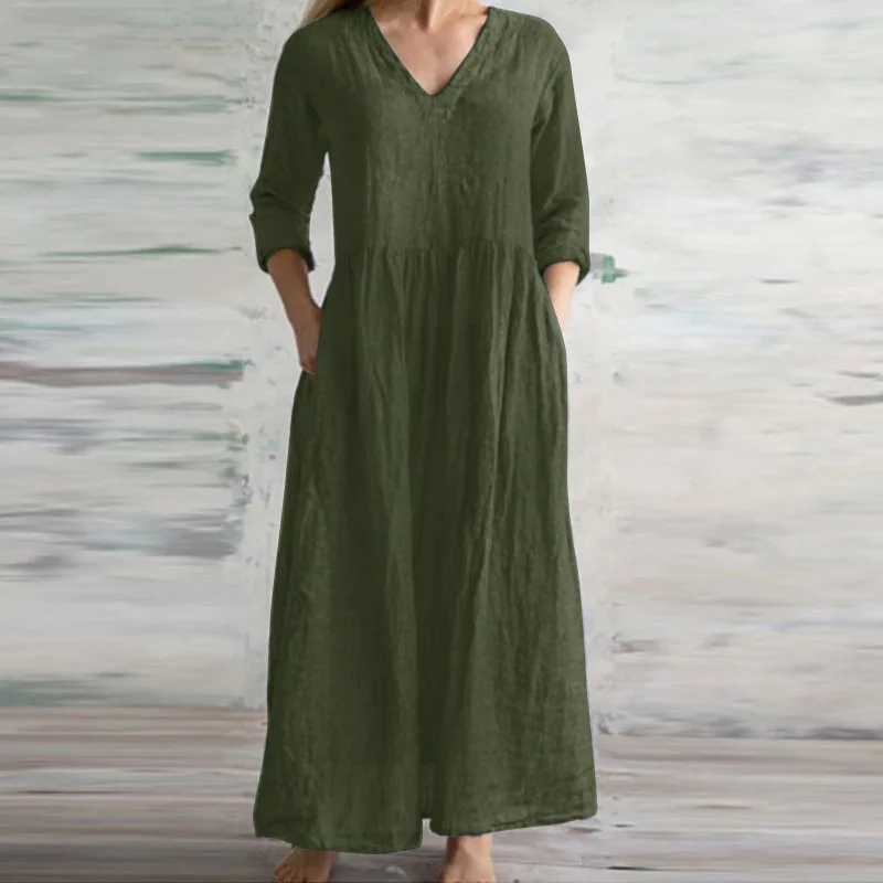 Abiti lunghi larghi in lino di cotone per le donne 2024 primavera autunno nuovo Casual mezze maniche con scollo a v Maxi vestito stile semplice Lady