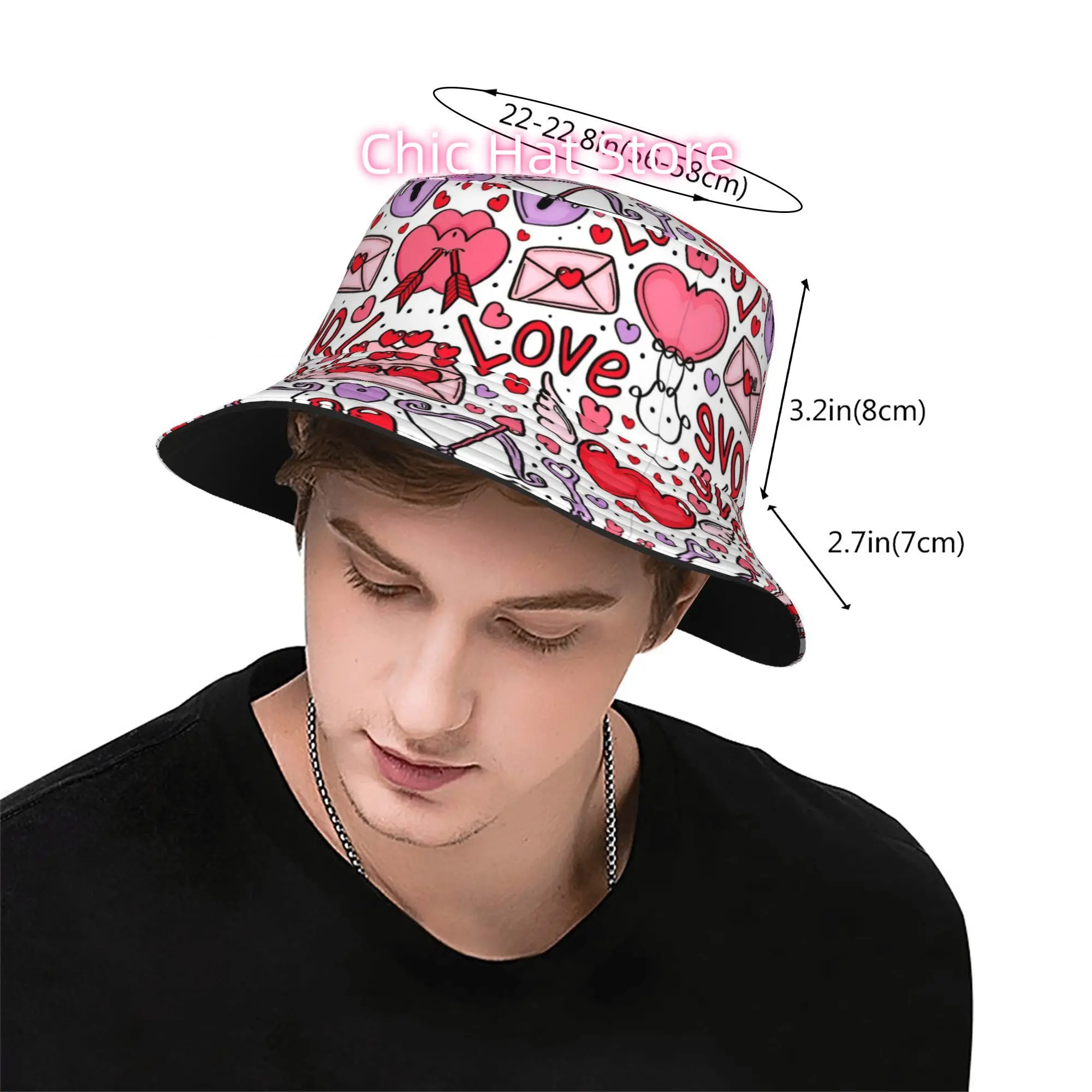 1pc Cute Love Elements Doodle Pattern Fully Printed Fisherman Hat Beach Hat, Unisex Outdoor Sun Hat, Sun Hat, Fashionable Bucket