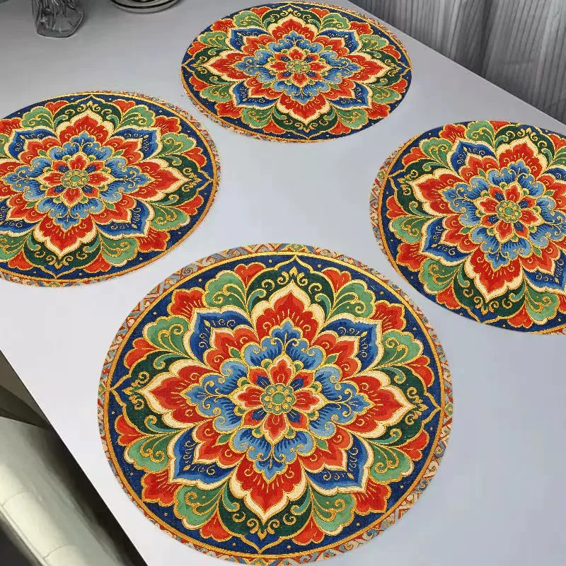 VIKAMA Retro Gilded Persian Mandala Flower Round Linen Placemats, Heat Resistant for Dining Table Kitchen Decor