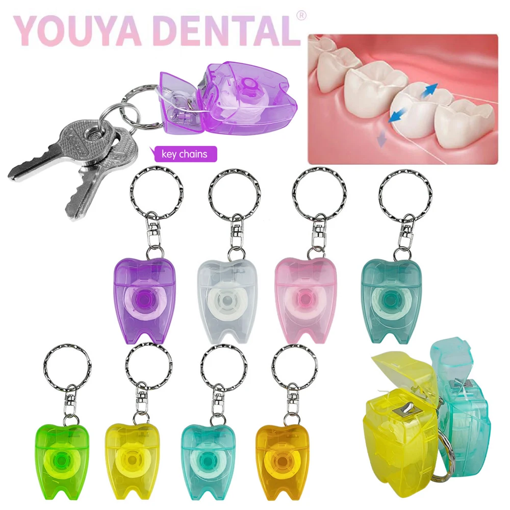 

15m Dental Mint Flavored Dental Floss Keychain 100 Pieces Mini Tooth Shape Addict Portable Keychain Oral Cleaning Tool gifts