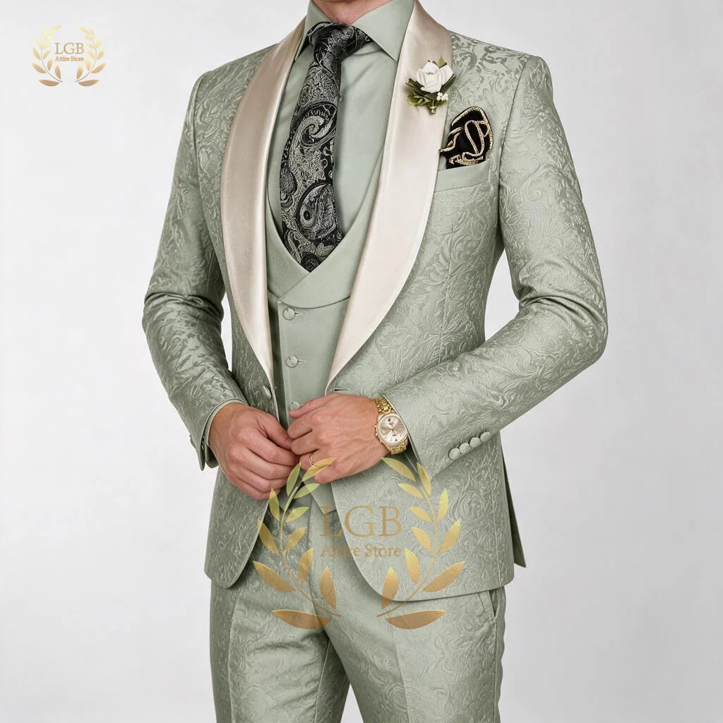 Men's Custom Jacquard 3-Piece Suit – Elegant Tuxedo Set Suitable for Weddings, Parties, Celebrations, and Cocktail Events