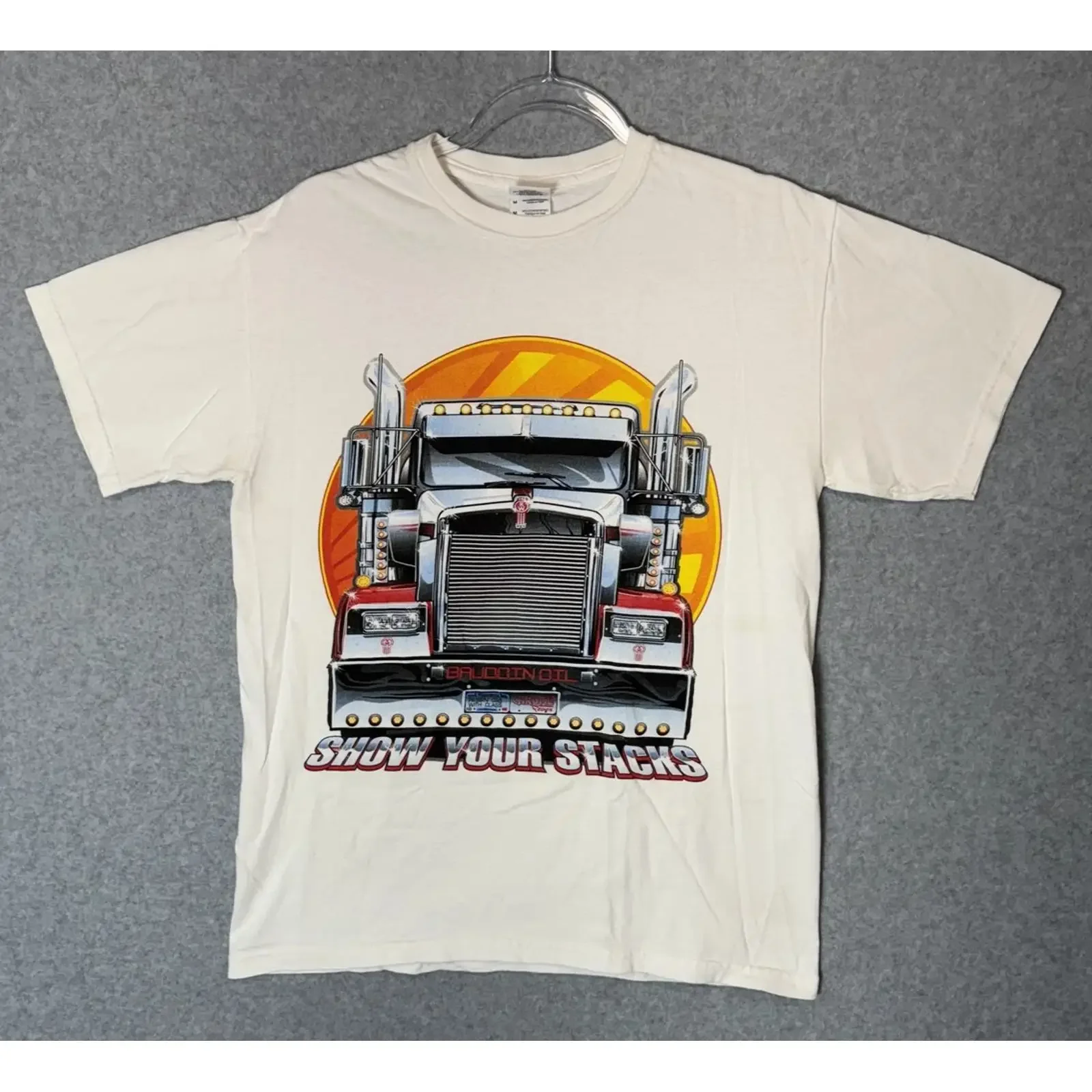 Show Your Stacks T Shirt Mens Medium Truck Brudden Oil Semi Trucker Image 1 of 4 vintage Washed Versatile Stretched fashion