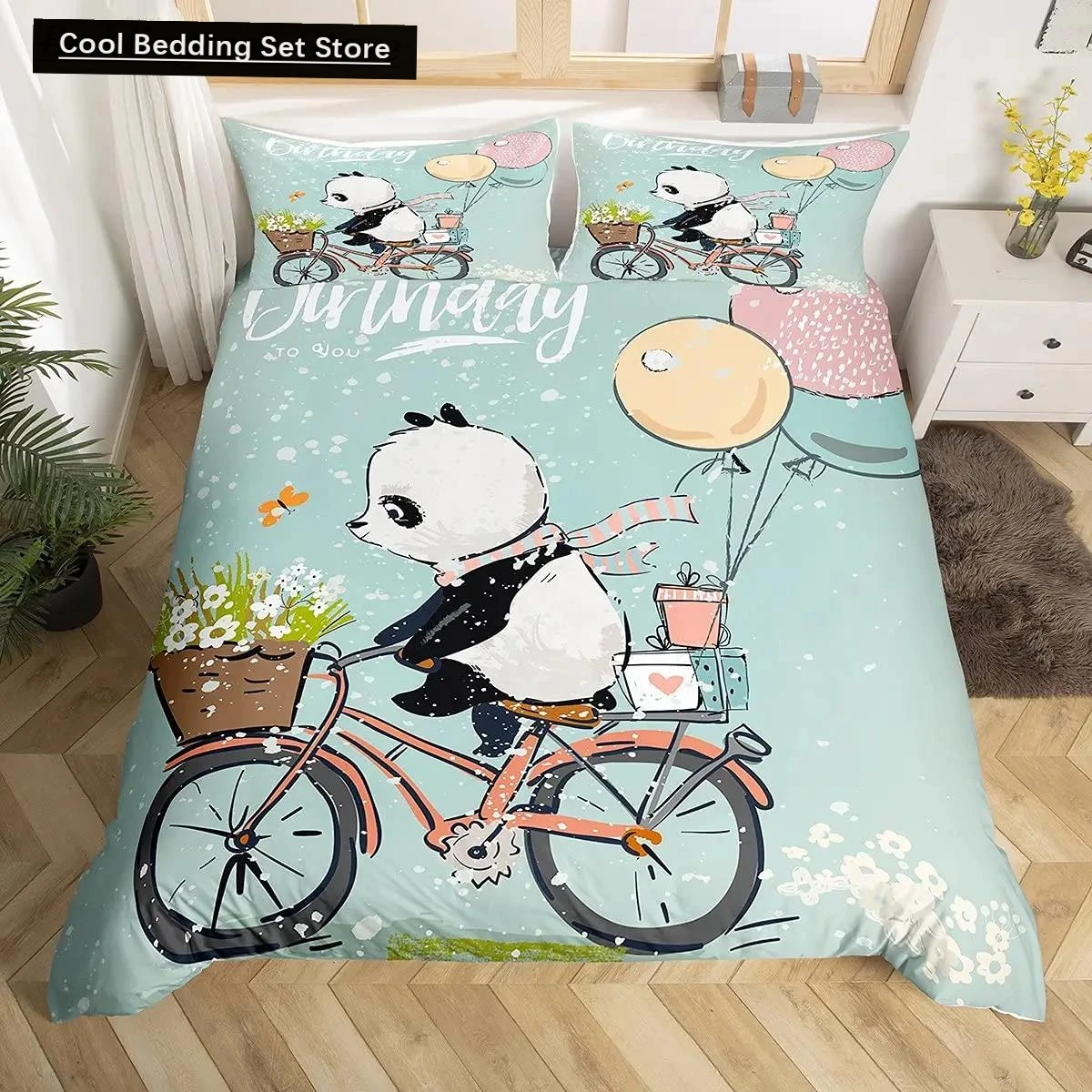 

Panda King Full Bedidng Set Kids Romantic Bedding Set Cartoon Animal Duvet Cover Bicycle Balloon Dragonfly Polyester Quilt Cover