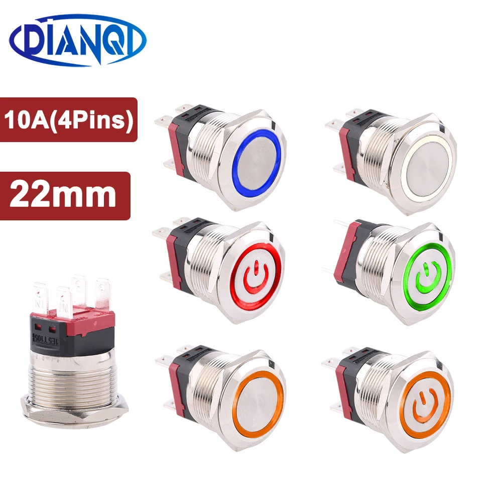 22mm Waterproof Metal Push Button Switches Light 12V 220V 6V Self Reset Press Button Self-locking 2NO 4pin 10A250vac for PC DIY