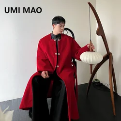 UMI MAO Chinese Style Trench Coat For Women Winter Modified Ming Dynasty Hanfu Square Neck Long Chinese Red Woolen Coat Jacket