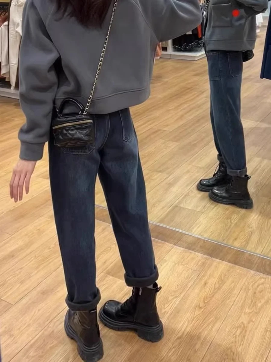 Fall Fce Gevoerde Dad Jeans Dames Afslankende Hoge Taille Wortelbroek Katoen Stretch Denim Anti-Rimpel Thi Winterjeans