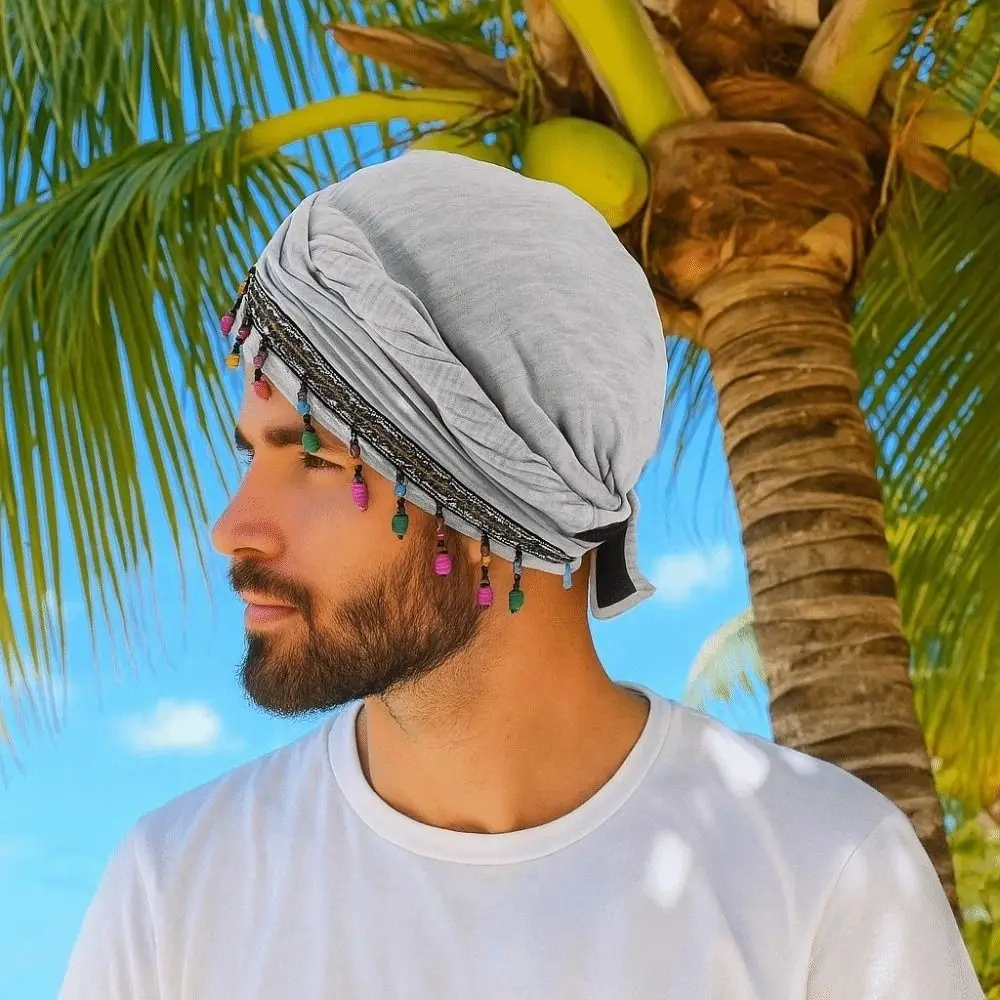 

Elastic Colorful Beaded Headscarf Hijab Breathable Pre-tie Head Wraps Headgear Brimless Beanie Hat Printed Tail Turban Women
