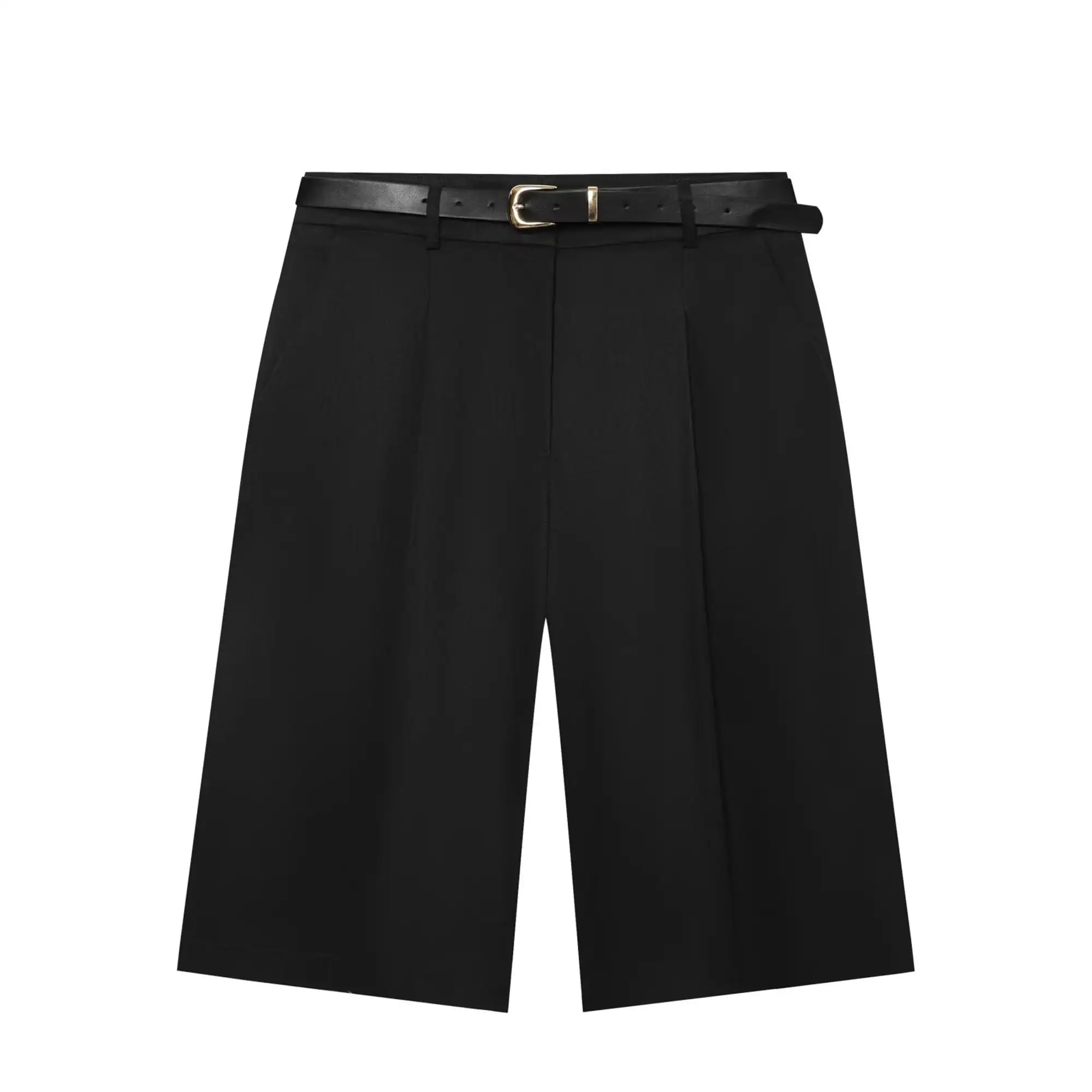 TFMLN Damen-Knielange Hose, schlicht, hohe Taille, Sommer, lässig, weites Bein, gerade Hose mit Gürtel, elegante kurze Damenhose – Detail 4