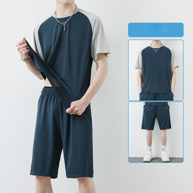 Fashion O-Neck Spliced Loose All-match Short Sleeve Men\'s Sets 2024 Summer New Oversized Elastic High Waist Shorts Casual Sets