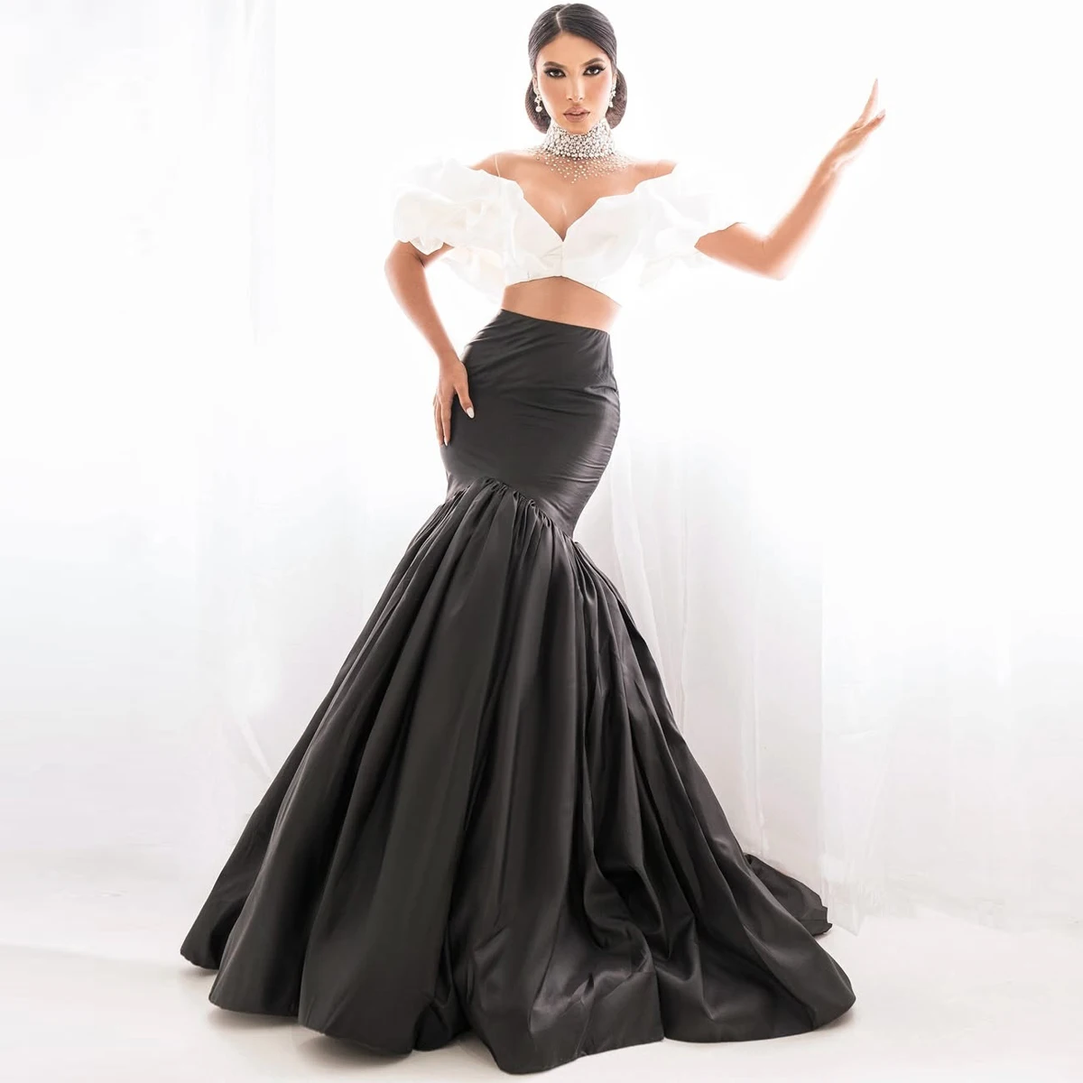 Gorgeous Black Mermaid Evening Skirt High Waist Ruffled Taffeta Prom Maxi Skirts for Women Custom Made Female Pleat Formal Skirt