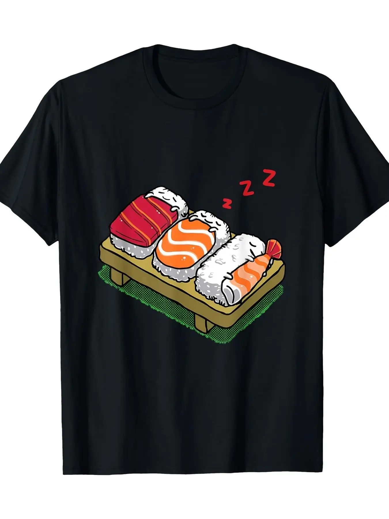 Fun Cartoon Graphic T-shirt Featuring A Sleeping Sushi Platter Design, Designed for Food Lovers Women's Printed Crew Neck Casual
