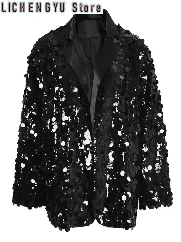 Black Sequins Shining Big Size Casual Jacket Lapel Long Sleeve Women Coat Fashion Tide Spring Autumn