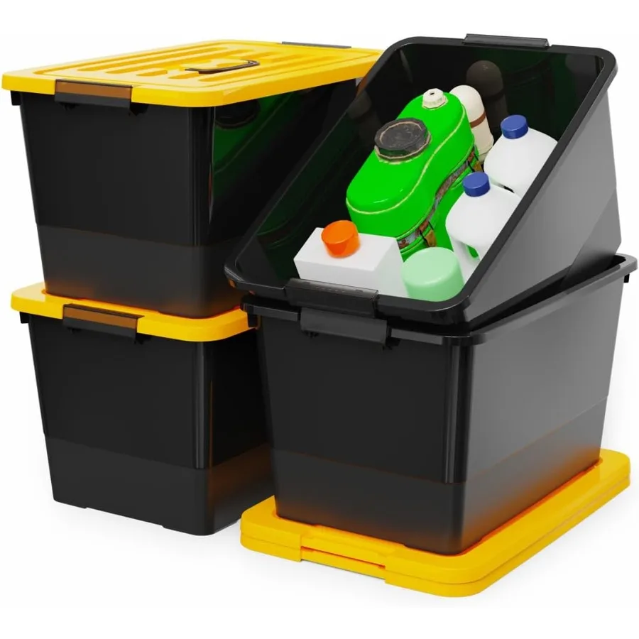 

WYT 53 Quart Stackable Plastic Storage Bins with Yellow Lids 4 Pack Black Containers with Latching Buckles and Handle Durable N