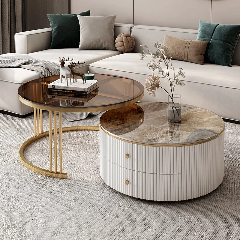 Glass Coffee Table Combination Small Household Living Room Modern Simple Telescopic Storage Round Coffee Table Table