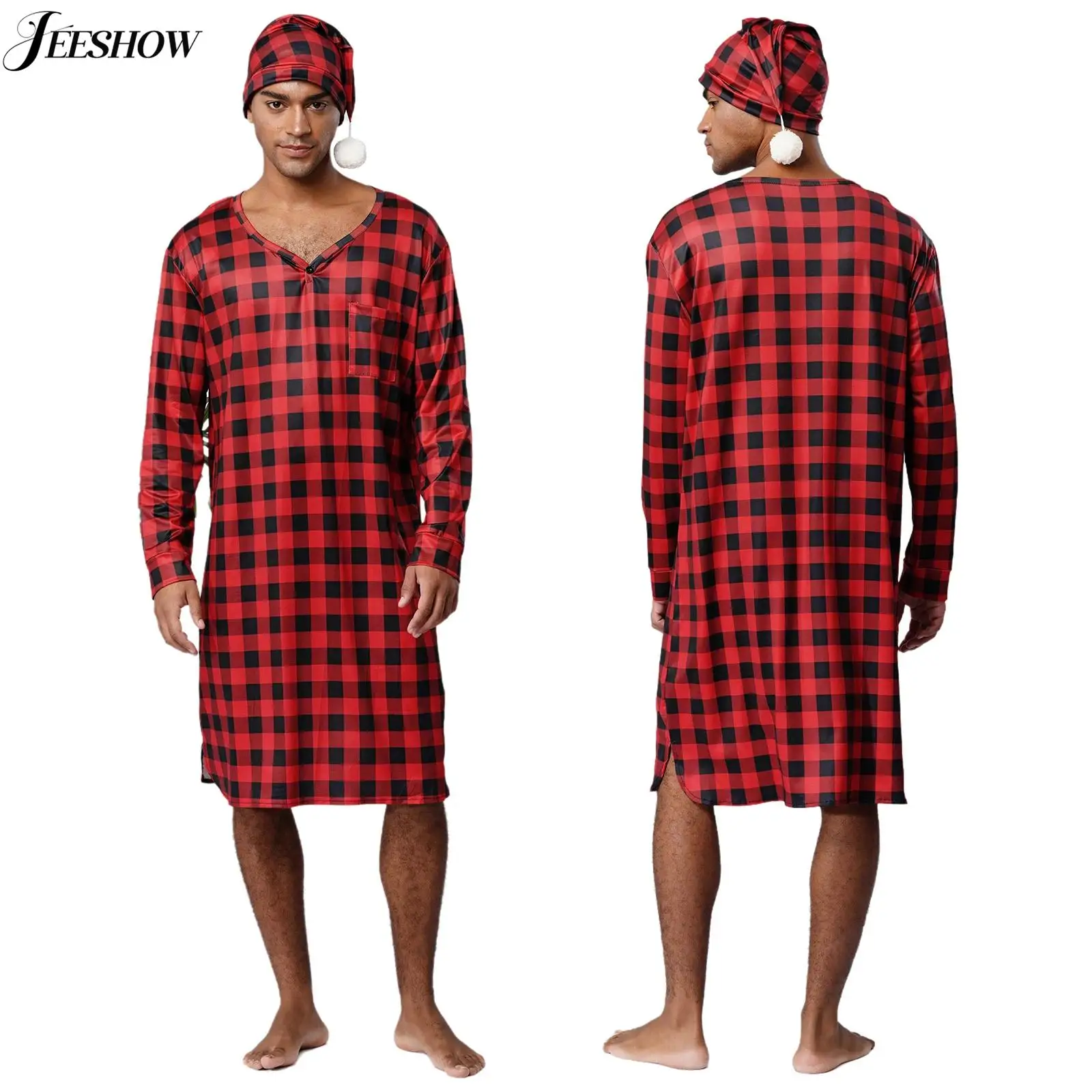 

Mens Checked Printed Sleep Robe V Neck Long Sleeve Loose Pajamas Nightshirt with Night Cap Chrismas Eve Gathering Loungewear