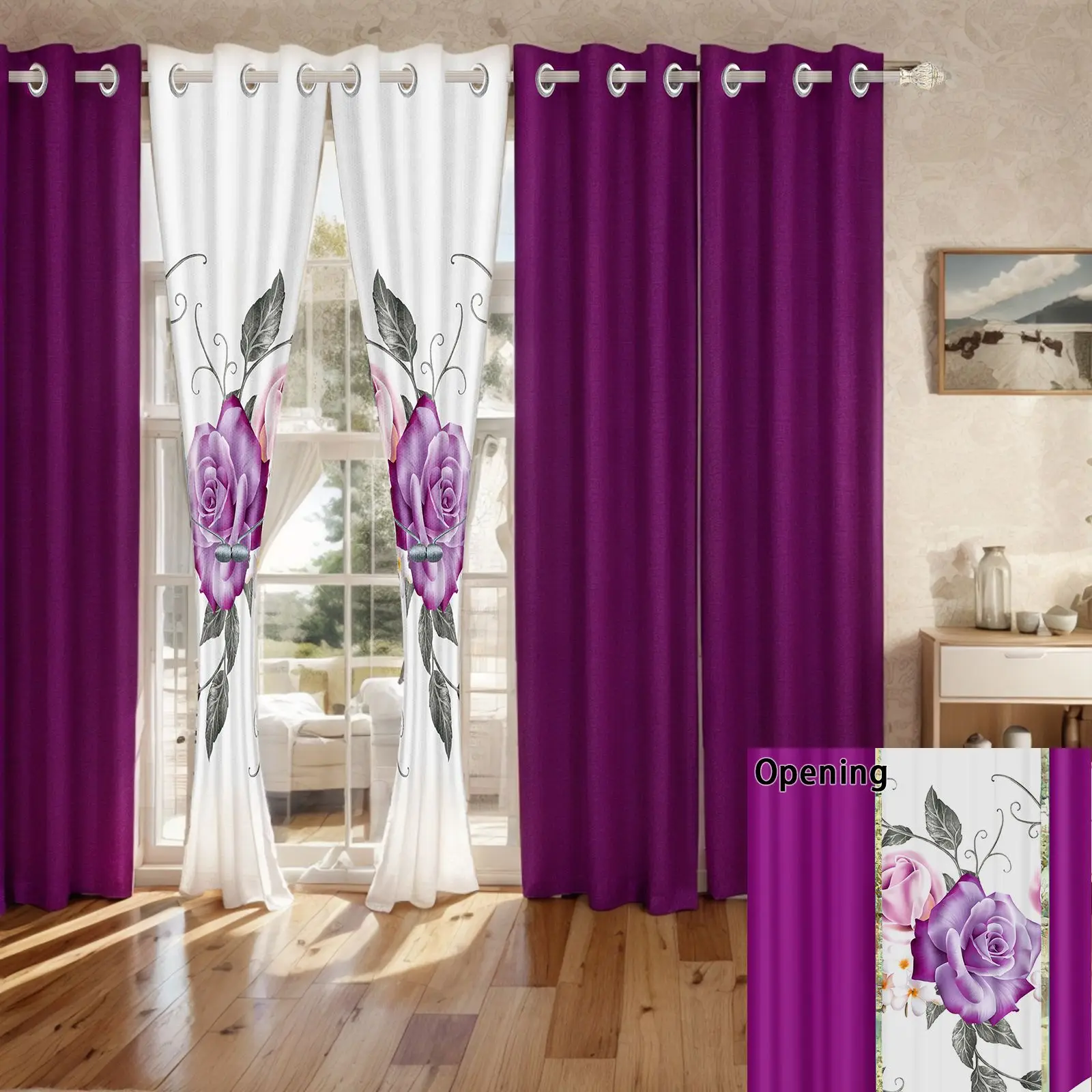 9-Piece Purple Rose Bedding & Curtain Set (Queen/King/Cal King) - Quilted Microfiber Bedspread + Sheer Curtains