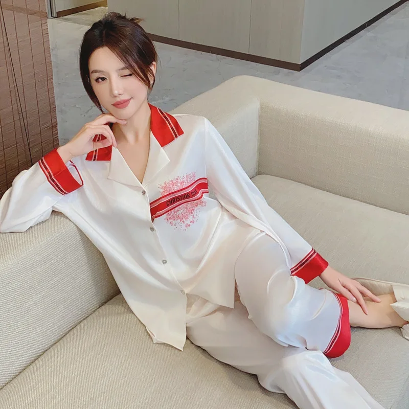 

Elegant Comfortable Satin Pajama Women New Long Sleeve Ice Silk Simple Thin Breathable High Quality Print Soft Pyjamas Sets Pj