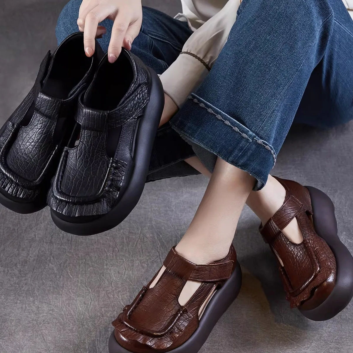 

Retro Genuine Leather Roman Sandals Women's Versatile Head Cover Platform Flats Short Tube Rubber Foam Outsole Spring Summer
