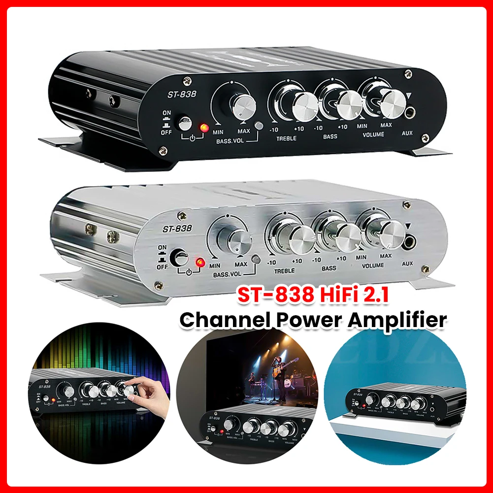 ST-838 HiFi 2.1 Channel Stereo Bass Sound Amp Bass and Treble Adjustment 80W*2 Audio Amplifier Black Car Home Amp