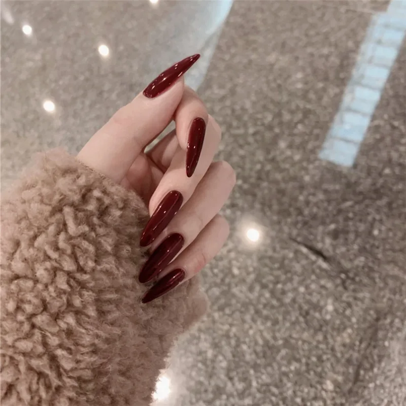 Dicas de unhas postiças longas para mulheres e meninas, unhas postiças chinesas, vermelhas, pressionadas, encantos de manicure, simples, cor sólida, diárias