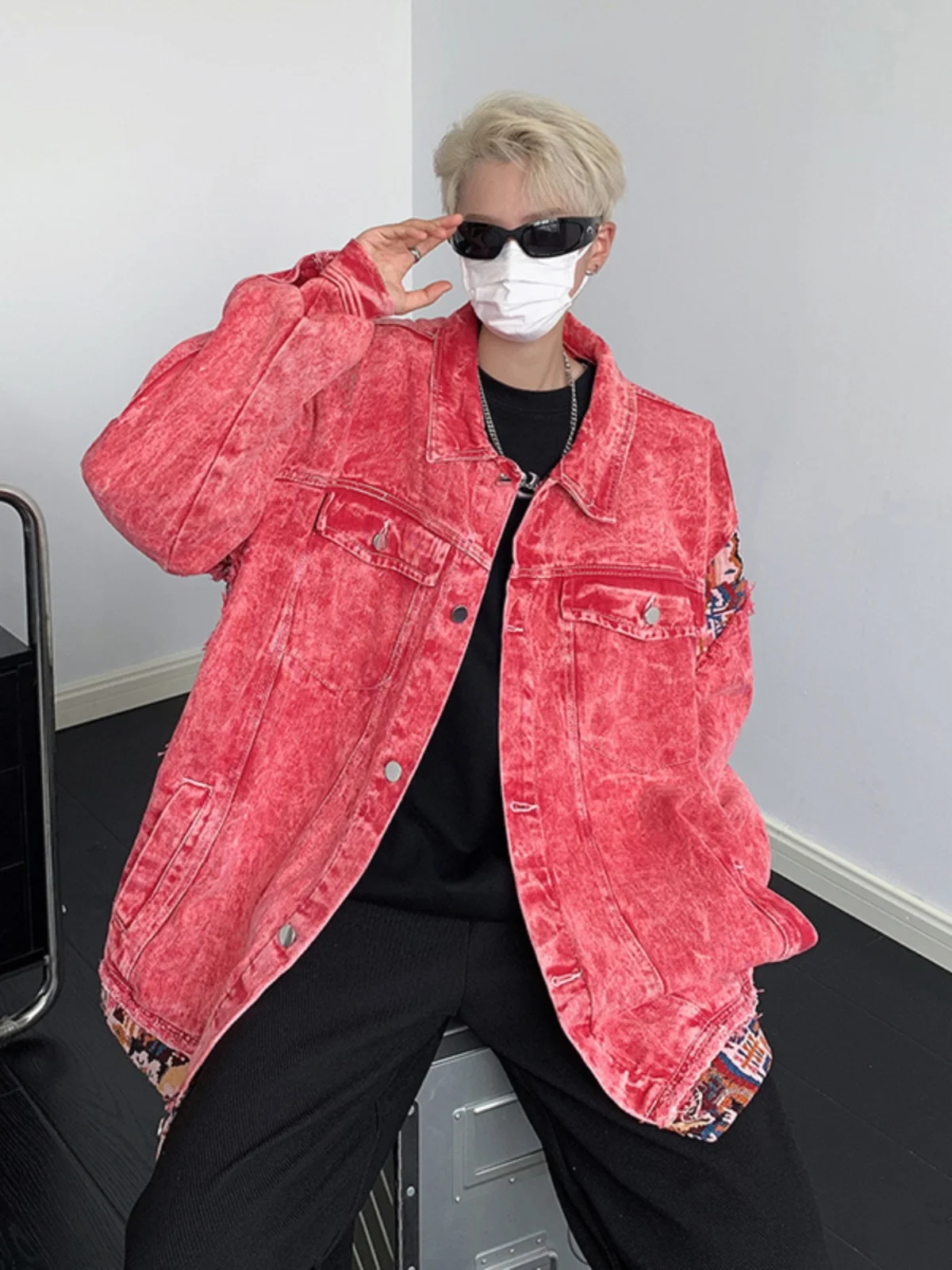 

Pink Denim Jaet Men's Hiphop Sle Baseball Couple's ort Coat American Workwear Autumn Faion Cotton Polyester Blend