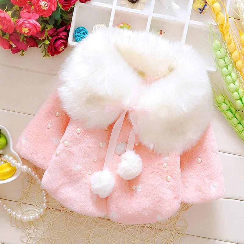 

Winter 1 year toddler baby's birthday Christmas outfits polka dot fur collar cape jacket outerwear for infant girl's cloth coats