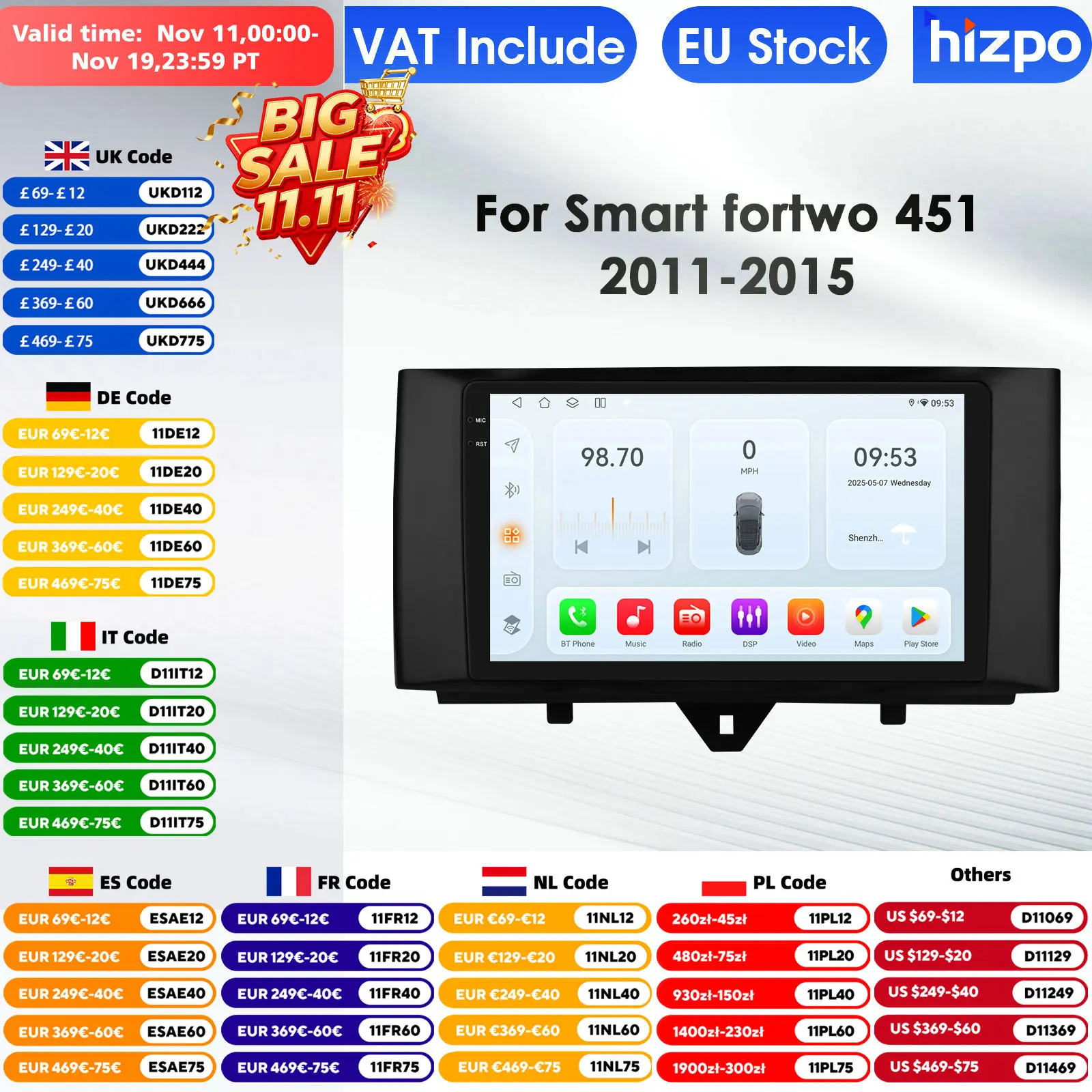 Autoradio Hizpo 2 Din para Smart Fortwo 2011-2015 reproductor Multimedia de Audio CarPlay Android Auto GPS Bluetooth WIFI RDS Autoradio
