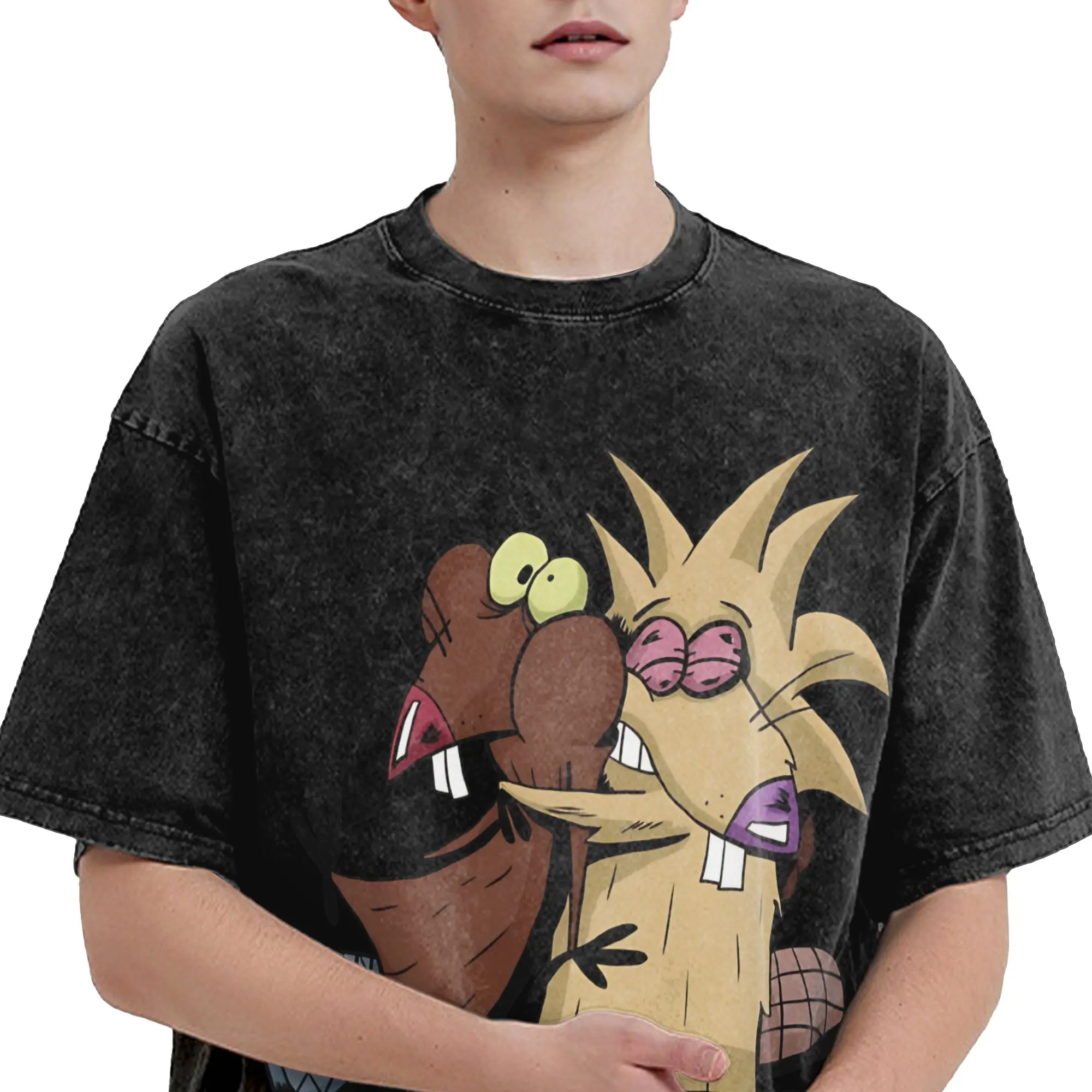 Angry Beavers Daggett & Norbert Feverish  Washed T Shirt Streetwear Hip Hop Novelty T-Shirt  Tees Tops for Men Women Streetwear