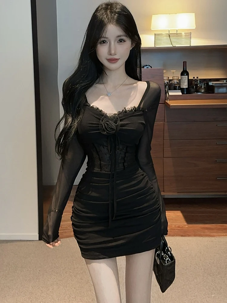 2025 Black Mesh Patchwork Lace Sheer Sexy Mini Dress Women Long Sleeve Square Collar Dress Autumn Korean Vintage Bodycon Dresses