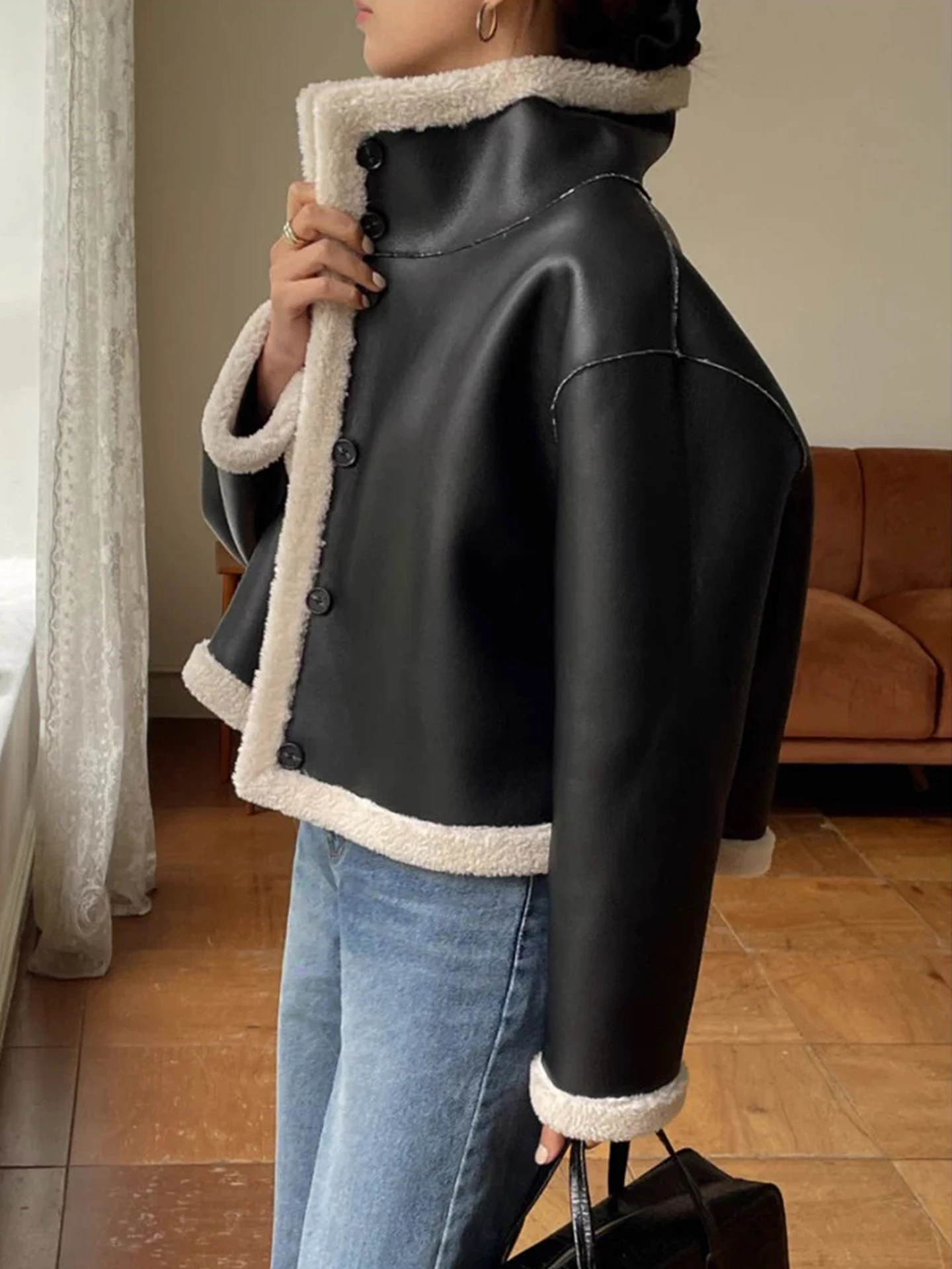 Retro Stand Collar Double Sided Wear Thiened Warmth Leather Jaet Women's Faionable Winter New Sle Inteated Fur Coat