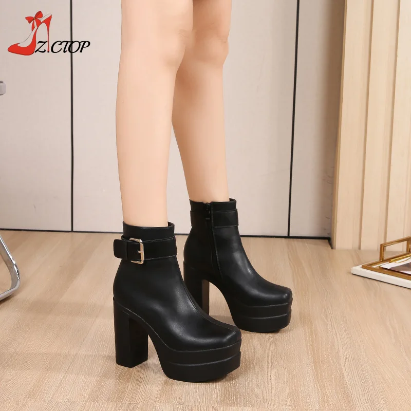 

11cm Chunky High Heels Boots for Women Fashion White Platform Ankle Boots Winter Woman Shoes