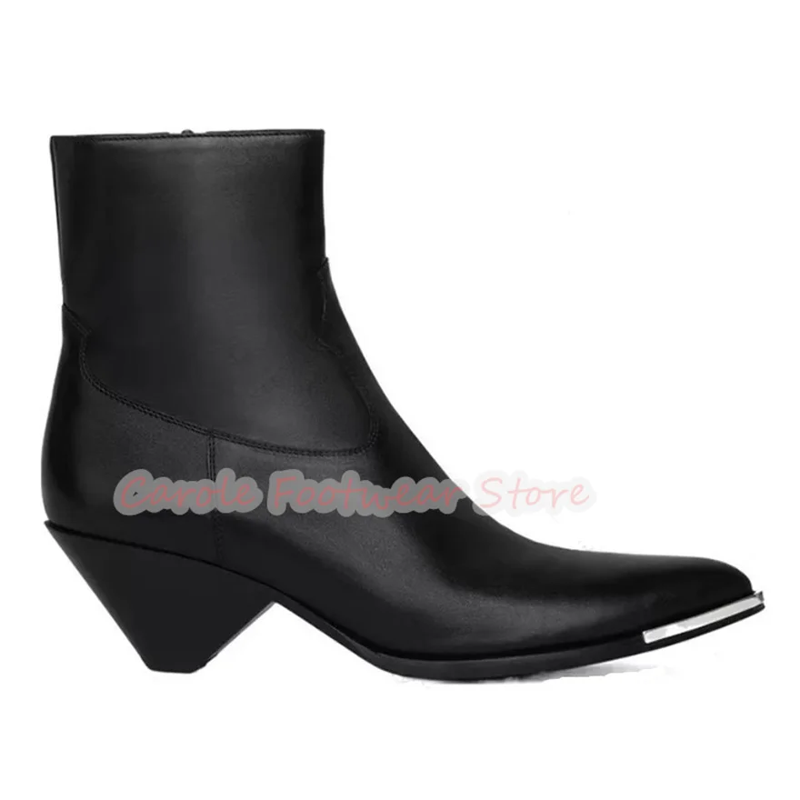 ファッションデザイン奇妙なヒール本革チェルシーブーツ男性用メタル装飾ポインテッドトゥ 5 センチメートルハイヒール男性アンクルブーツ