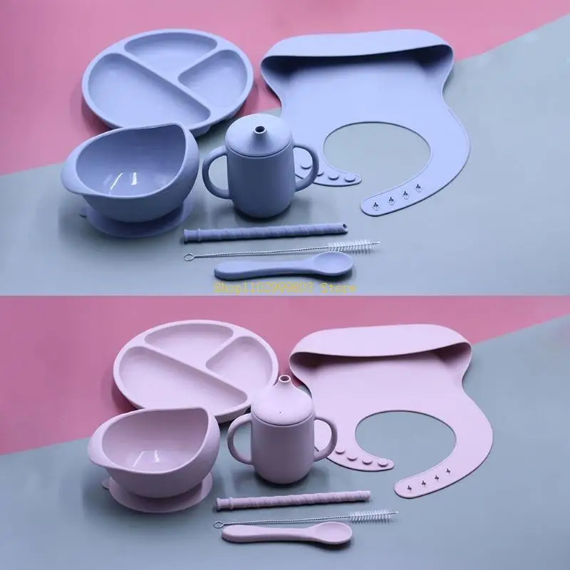 7 قطع الطفل BPA الحرة ملعقة مقاومة للماء تغذية وعاء من السيليكون أدوات المائدة الطفل الاشياء J0MF