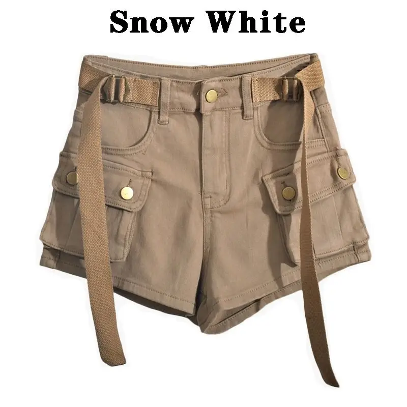 Workwear Denim Short Pants with High Waist and Khaki Color, A-shaped, Versatile and Trendy Shorts Y2k Pants Women Jeans