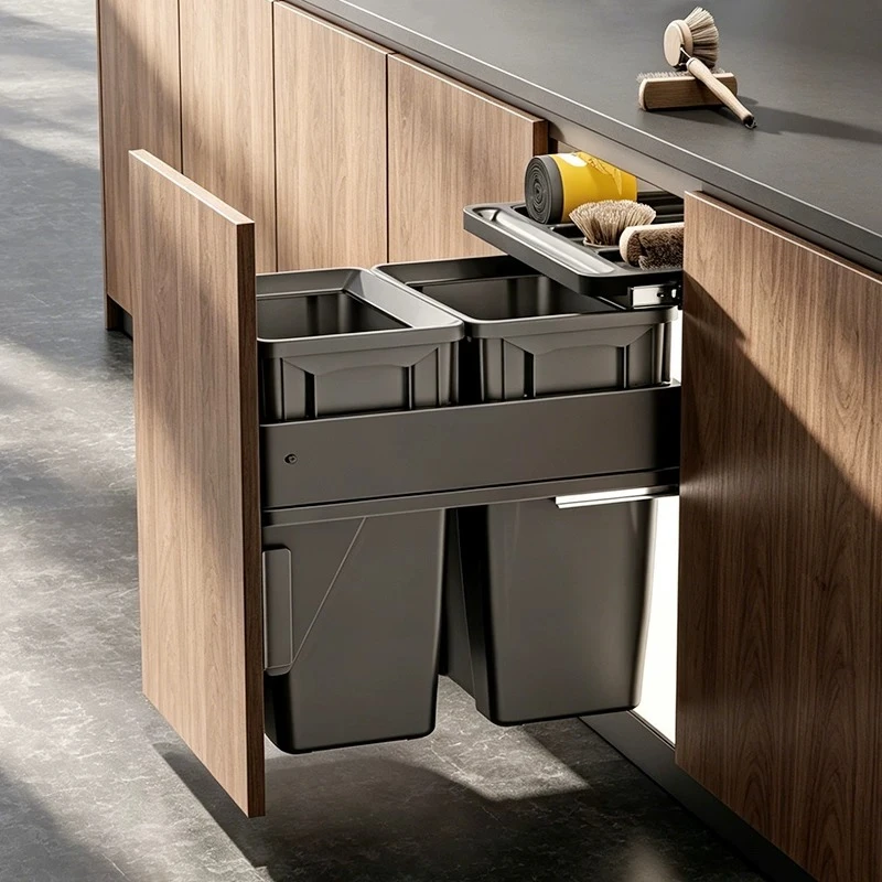 Kitchen cabinet embedded trash can embedded type with lid concealed invisible built-in double cylinder classification
