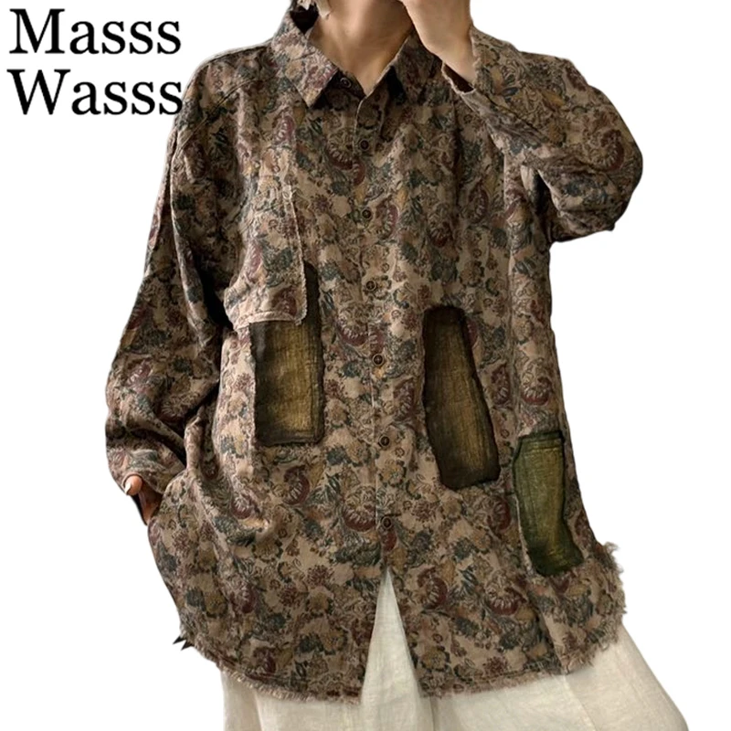 Masss Wasss Autumn Fashion Floral Tops Womens Vintage Classic Printed Patchwork Shirts Ladies Casual Streetwear Cotton Blouses
