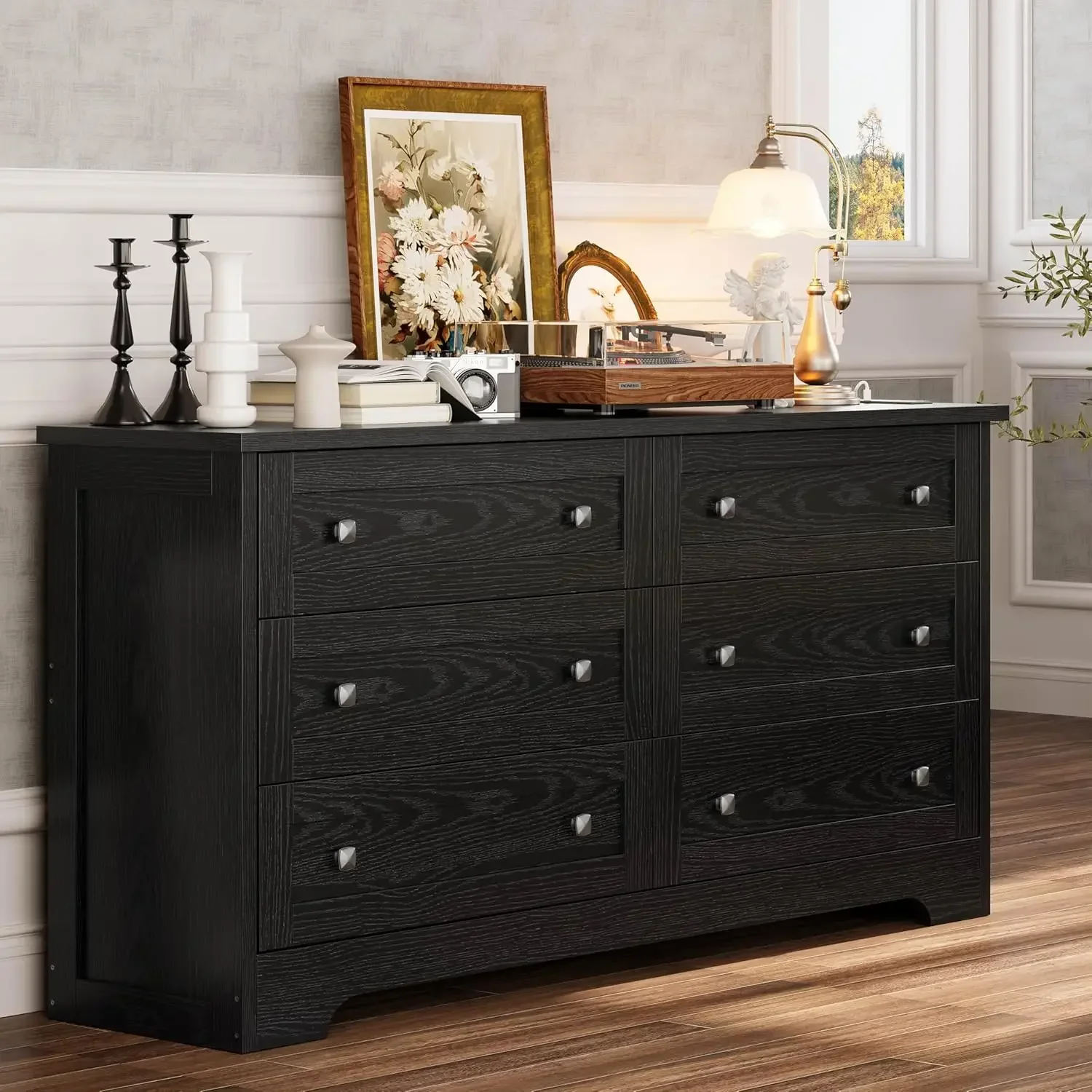 

59" Dresser for Bedroom, 6 Drawer Dressers with Charging Station, Black Dresser for 65" TV