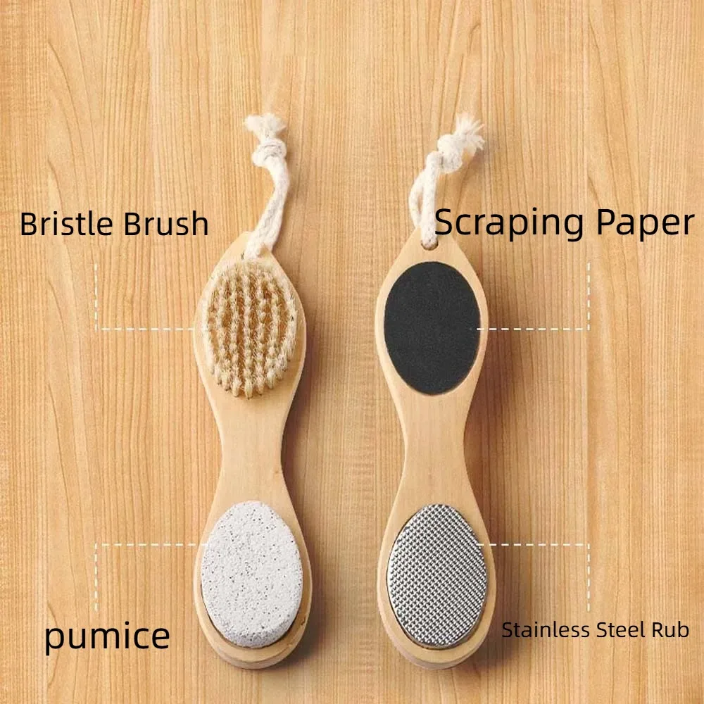

Handheld Wooden Handle Foot File Four in One Design with Hanging Hole Foot Rub Scrubber Wet and Dry Uses Non-slip Handle