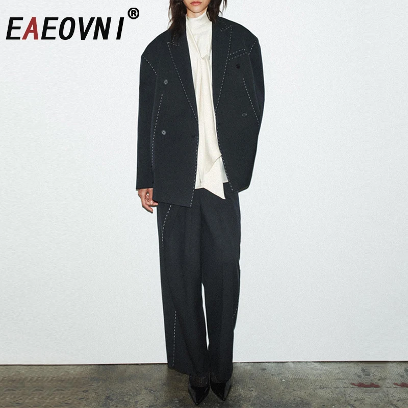 EAEOVNI 스트라이프 여성 투피스 세트 패션 노치드 롱 슬리브 블레이저 코트 롱 팬츠 와이드 레그 트라우저 오피스룩 가을 신상