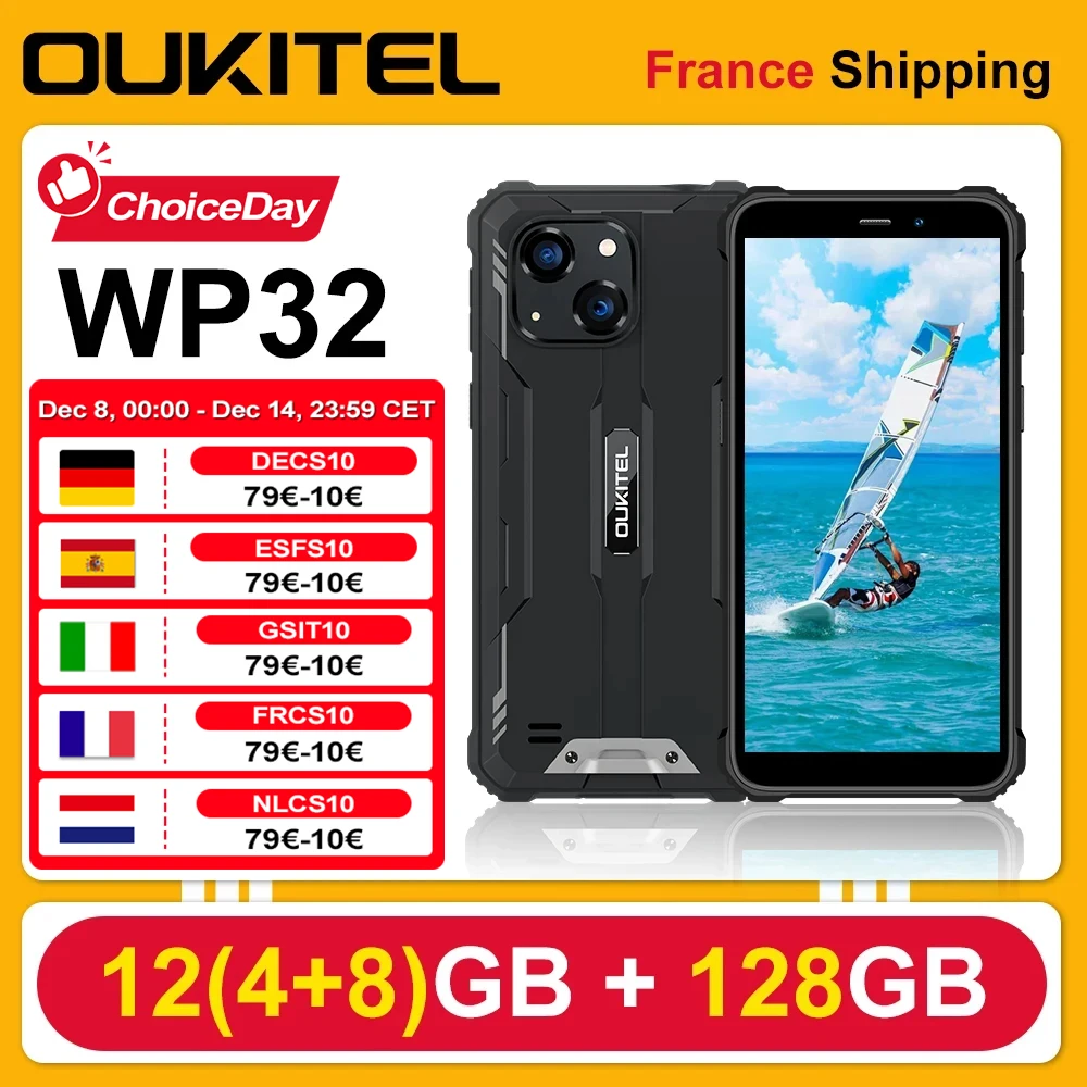 OUKITEL téléphone portable WP32 12GB(4 + 8) + 128GB 6300mAh octa-core 6.0 "HD + Smartphone incassable Android 13 reconnaissance faciale