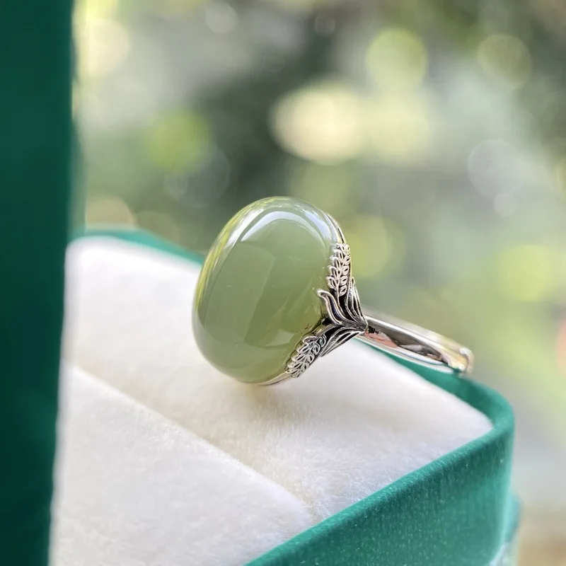 Natural-Shaped S925 Silver Inlaid With Hetian Green Jade Fish Tail Ring