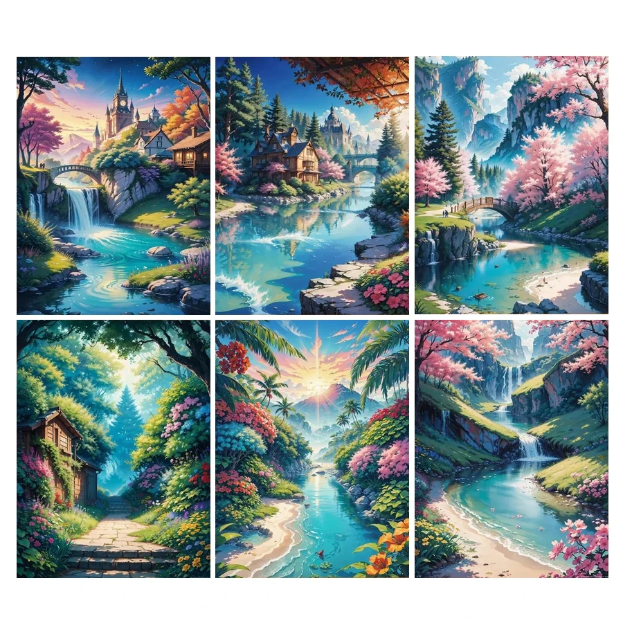 Diy Full Mosaic Art Spring Scenery House River Diamond Painting New Collection Abstract Landscape Rhinestone Embroidery Picture