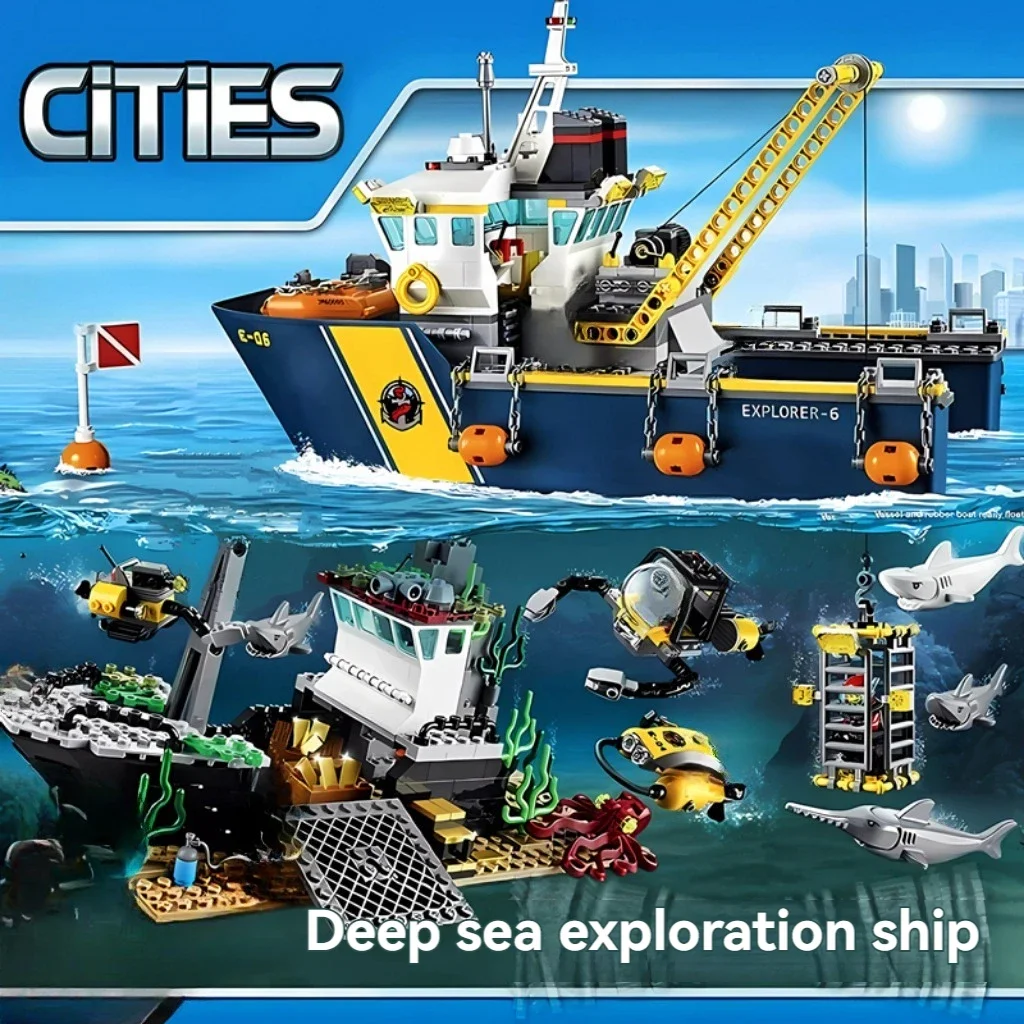 774pcs City Deep Sea Exploration Vessel Submarine Scuba Scooter Shipwreck Shark 60095 Building Block Toys Compatible With Model