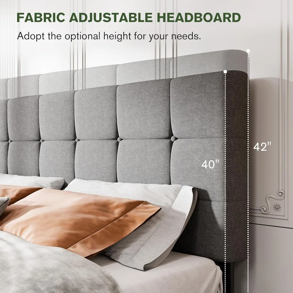 إطار سرير بحجم كينج مع 4 أدراج تخزين، سرير بمنصة منجدة مع لوح رأسي قابل للتعديل بخياطة مربعة، بدون صندوق S