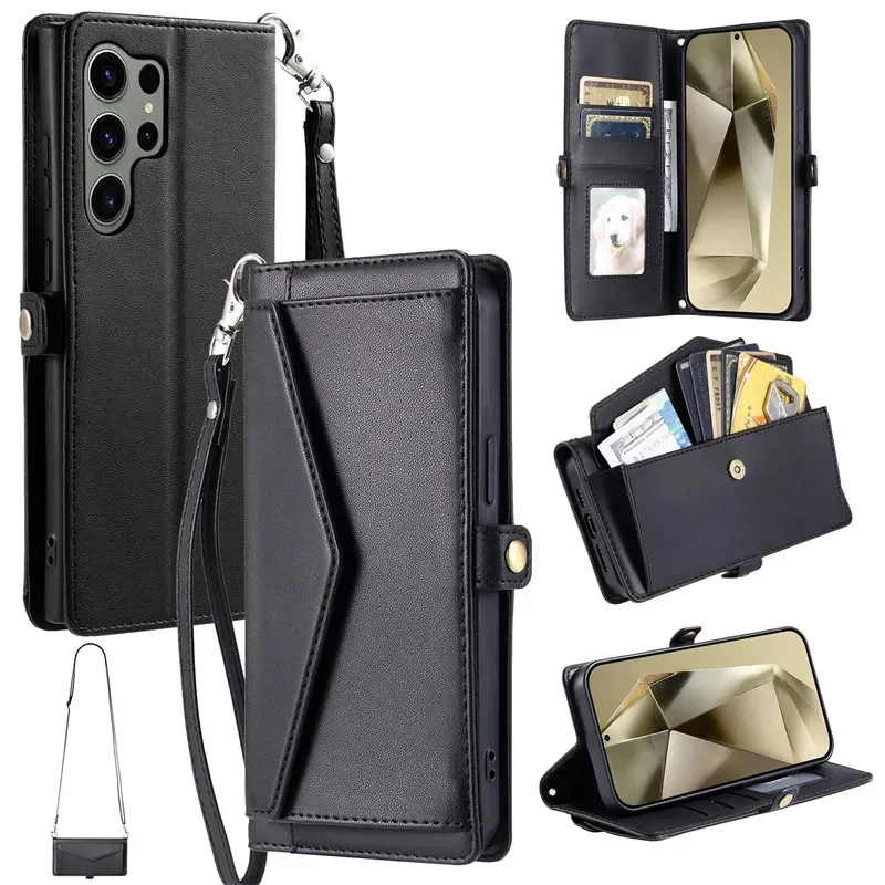 Flip Leather Phone Case for Samsung Galaxy S24 Ultra S23 FE S22 S21 S20 S10 Plus Note 20 10 9 8 Long Lanyard Wallet Card Cover