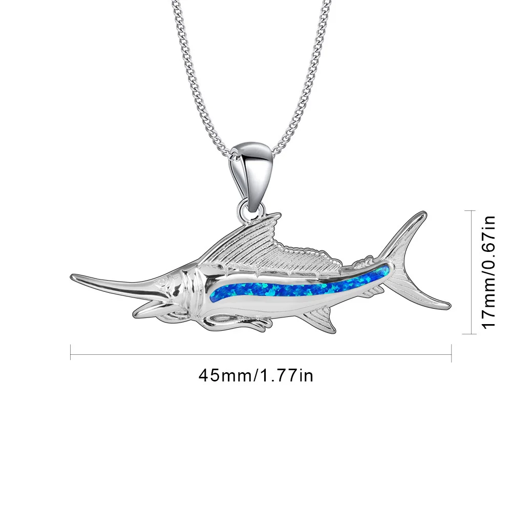 Sailfish Pendant Necklace with Blue Opal,Silver Plated Marine Life Jewelry,Elegant Ocean Themed Boho Style Gift for Men Women