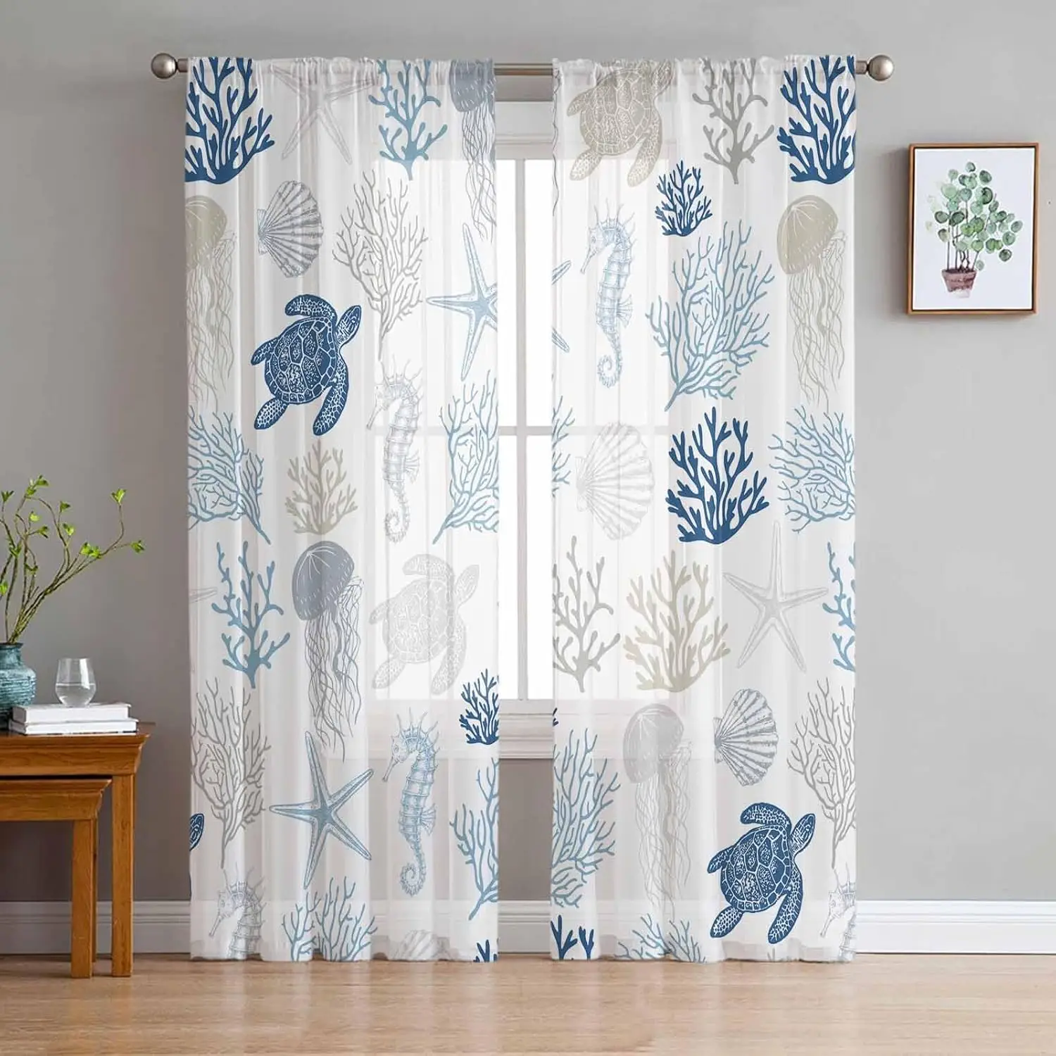 Sea Turtle Coral Starfish Jellyfish Print Curtains for Living Room Bedroom Window Treatment Coastal Home Decor