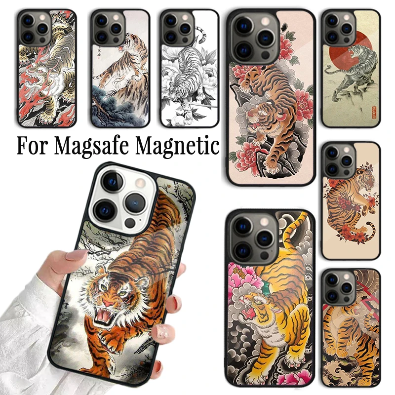 Phone Case For iPhone 16 15 14 13 12 11 Pro Max Plus Magsafe Magnetic Wireless Charging Cover Japanese ukiyo-e Art Panther Tiger