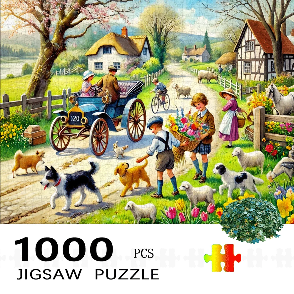 

Сложная большая головоломка с 1000 шт. винтажных автомобилей и переносками с лошадьми на деревенских дорогах, демонстрирует яркий Sp