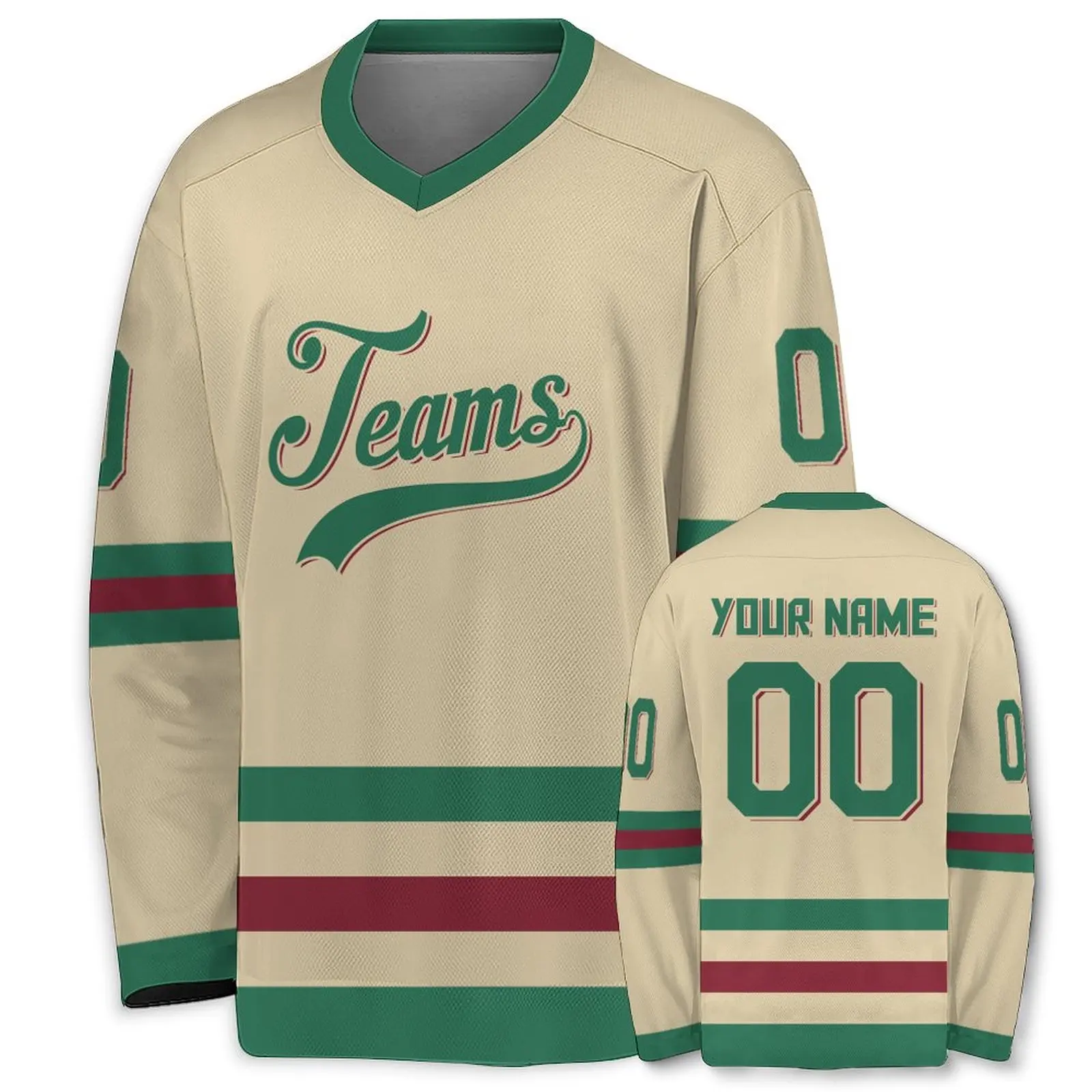 Custom Cream Red-Kelly Green Hockey Jersey for Men Women Youth Kids V-Neck Sportswear Personalized Team Name Number Uniform